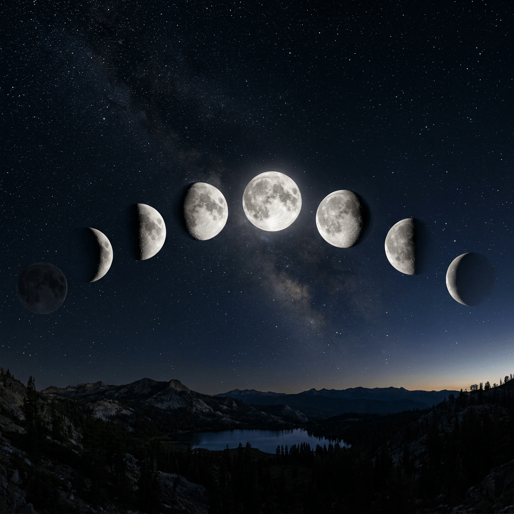 Eight phases of the moon shown in a line against a starry night sky over mountains